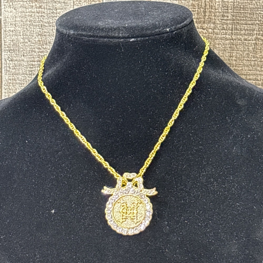 Vintage Gold Tone Rhinestone Monogram Medallion Bow Pendant Necklace Estate